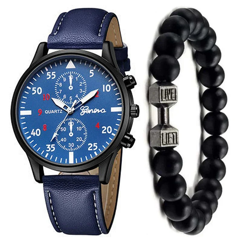 Men's blue leather strap watch with matching black matte bead bracelet