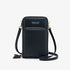 Black faux leather crossbody bag with adjustable strap and gold zipper details