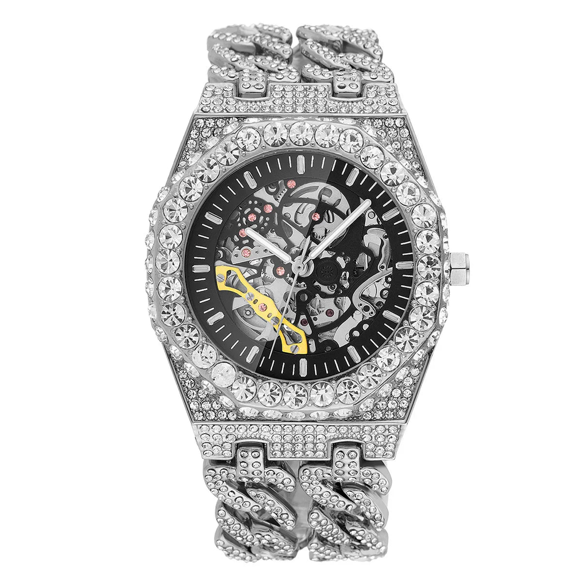 Silver iced-out skeleton watch with crystal-studded band and bold modern design