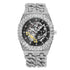 Silver iced-out skeleton watch with crystal-studded band and bold modern design