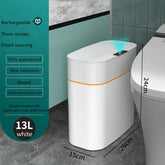 White 13L rectangular smart trash can with touchless sensor, waterproof design, and orange accent in a modern bathroom.