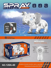 White and gray robotic elephant toy with blue LED eyes, remote control, and mist spray feature.