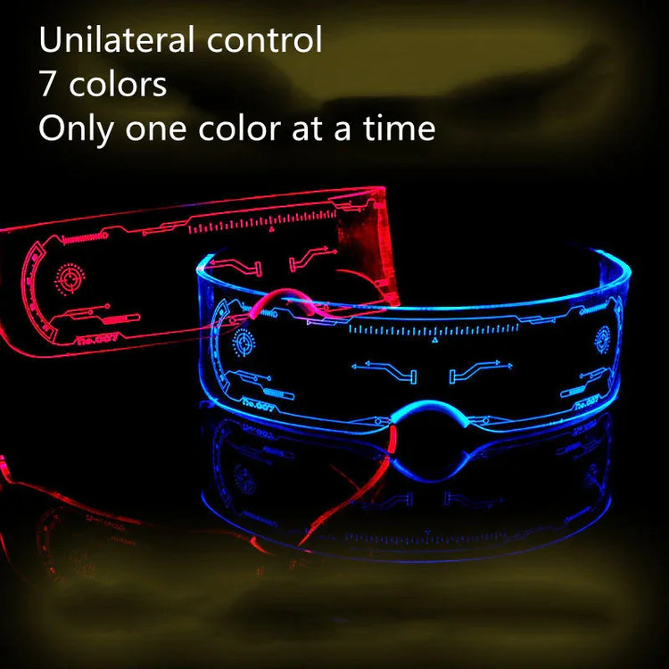 Futuristic LED visor glasses in blue and red, clear acrylic material, tech streetwear accessory