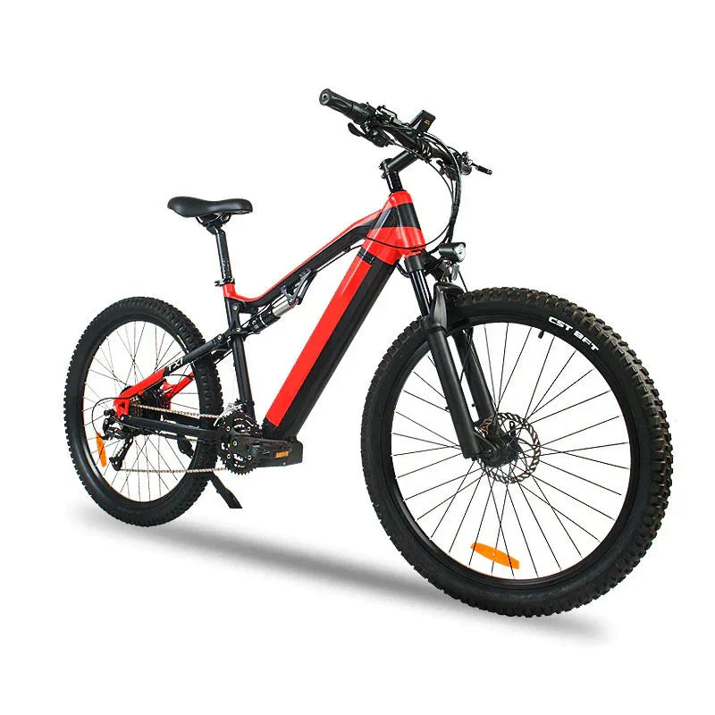 Red and black mountain bike with thick tires and modern frame design on white background