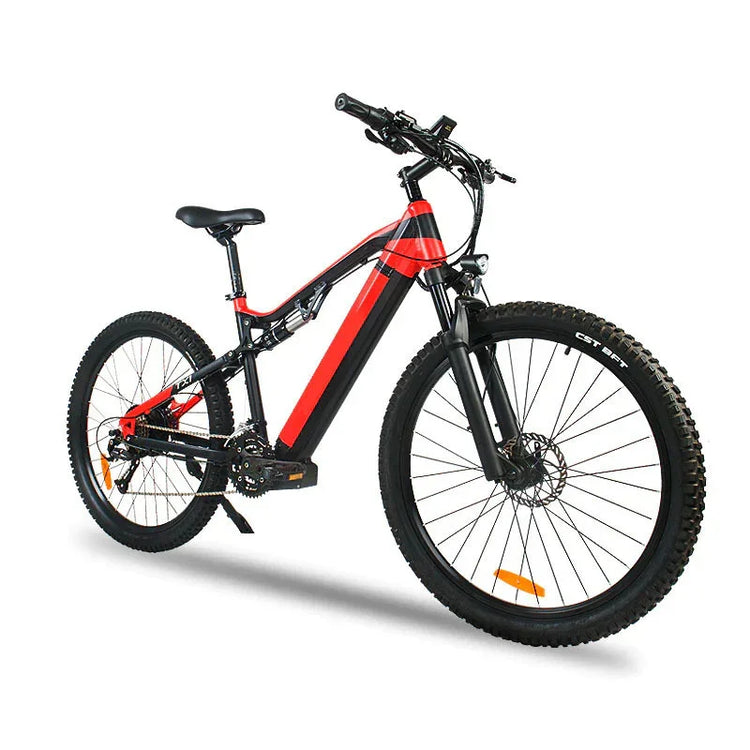 Red and black mountain bike with thick tires and modern frame design on white background