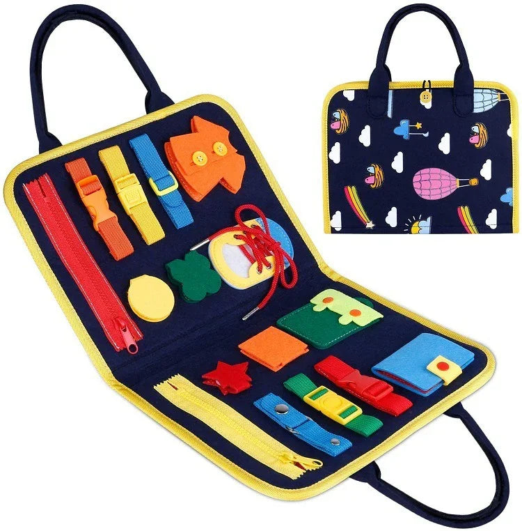 Colorful children’s activity bag with zippers, buckles, and felt shapes on dark fabric