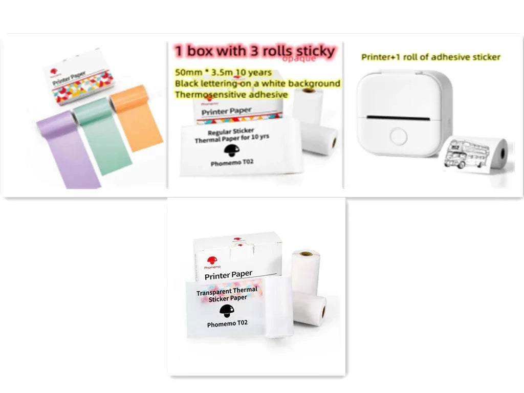 Assorted colored and transparent thermal sticker paper rolls and compact thermal printer, adhesive paper for printing.