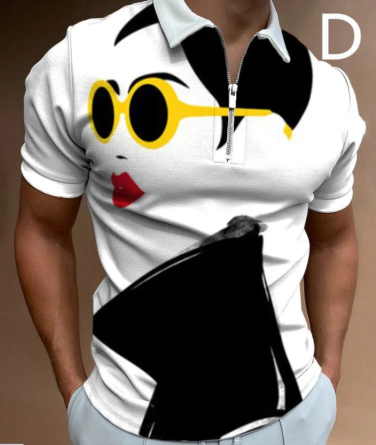 White short-sleeve polo shirt with modern graphic print, slim fit, zip collar.