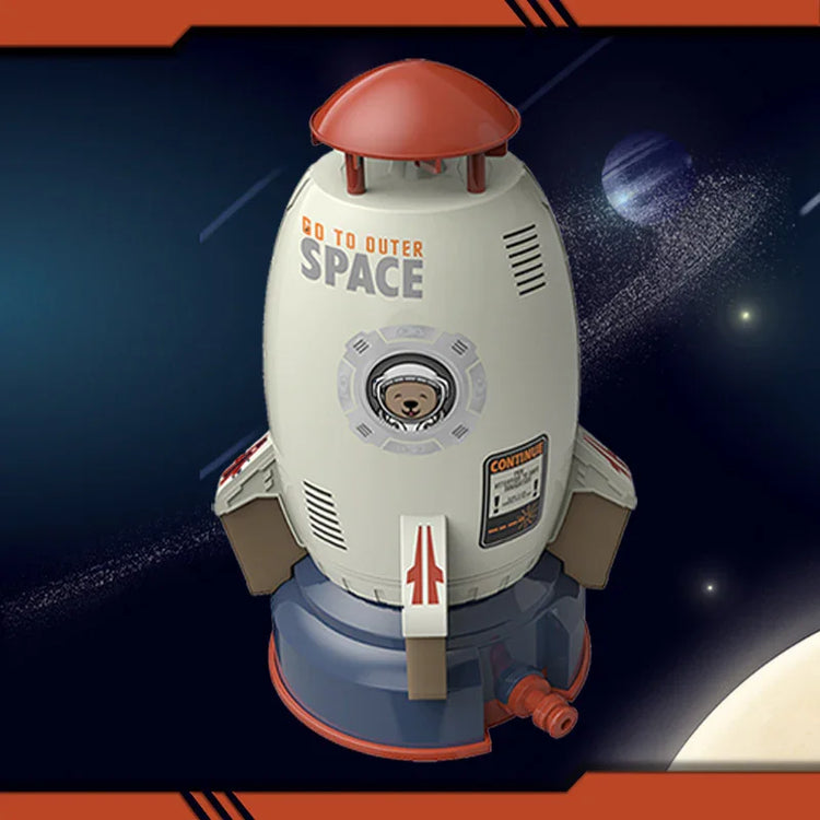 Gray and red rocket-shaped container with outer space background, futuristic style