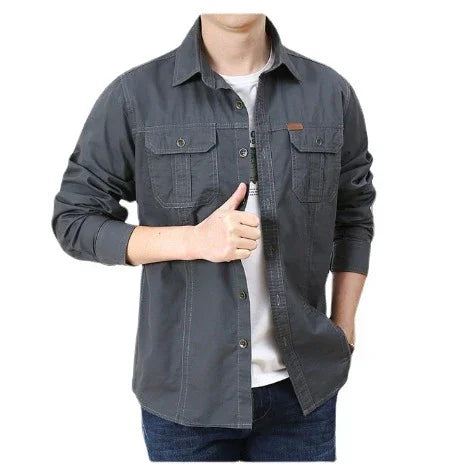 Men’s casual long sleeve grey button-up shirt, cotton material, relaxed fit, chest pockets