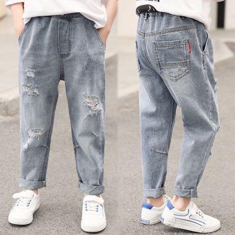 Kids' light blue distressed denim jeans with relaxed fit and elastic waist, front and back view
