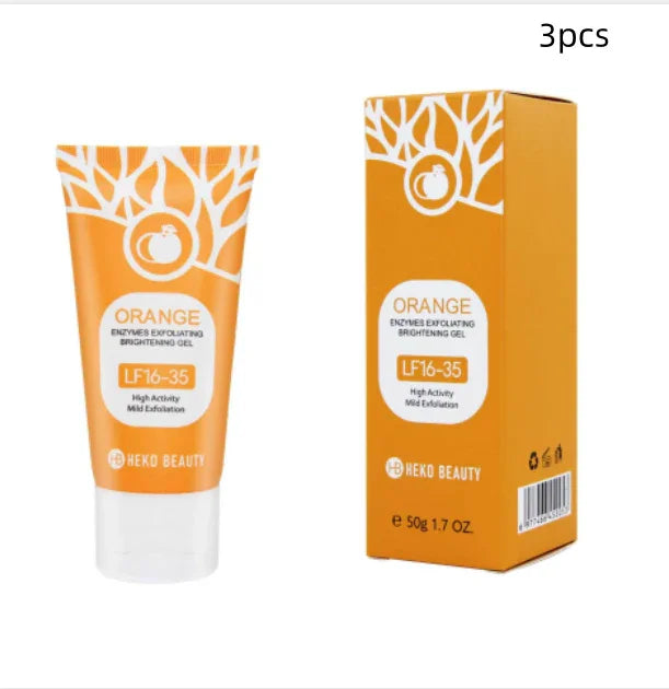 Orange enzyme exfoliating gel, tube and box, orange and white packaging, skincare product