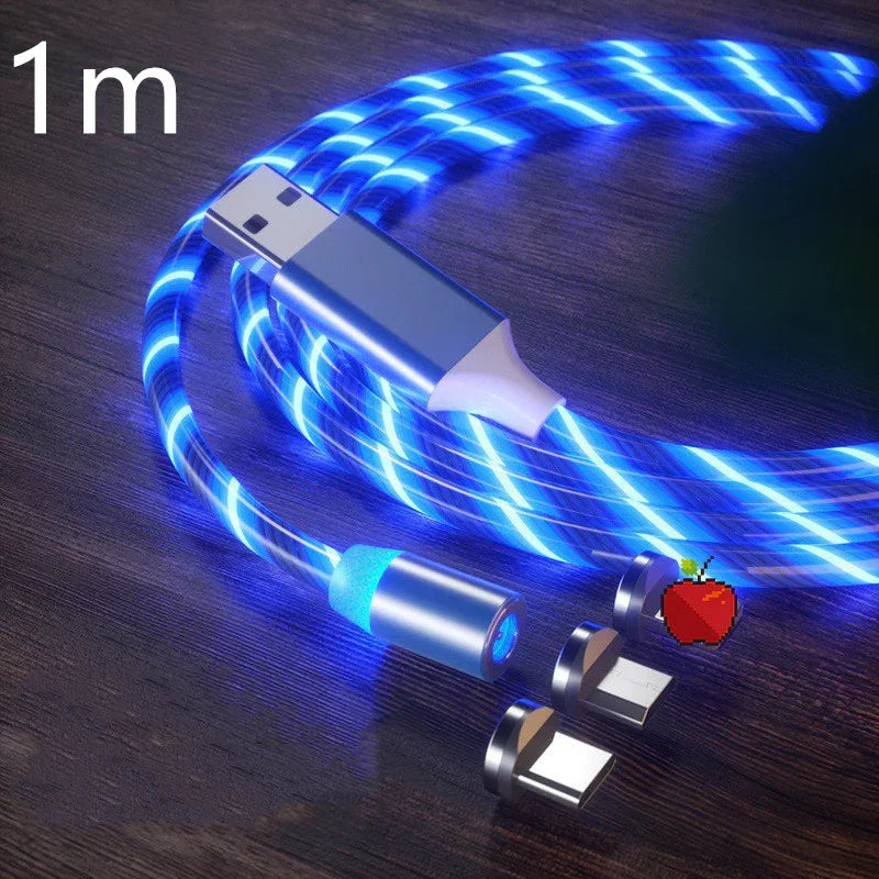 Blue LED braided magnetic charging cable with USB connector and three interchangeable tips on a wood surface