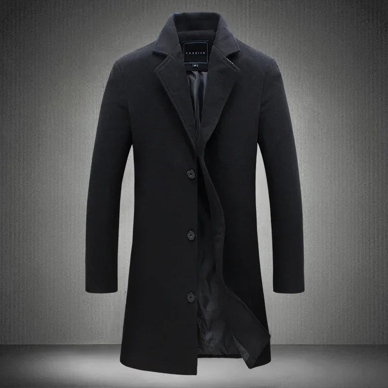 Men's black wool blend long coat with lapel collar, slim fit, button closure