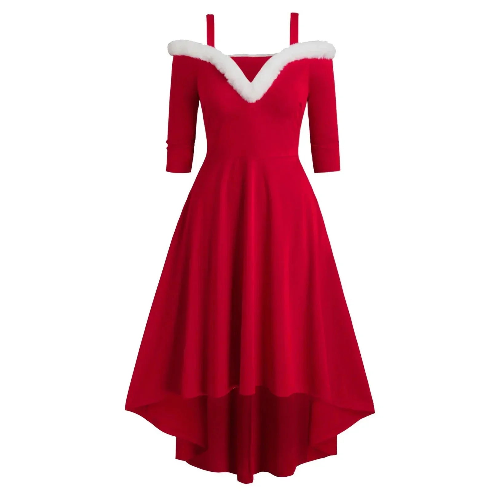 Red off-shoulder dress with white faux fur trim, high-low hem, and fitted bodice