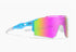 Futuristic oversized sunglasses with rainbow mirrored lens and blue speckled frame