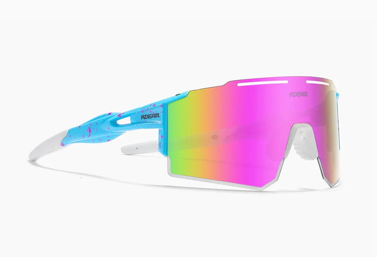 Futuristic oversized sunglasses with rainbow mirrored lens and blue speckled frame