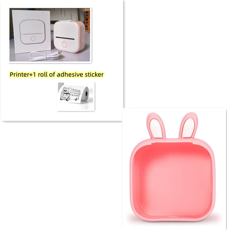 Compact white thermal label printer with USB cable, and a pink bunny-eared plastic tray