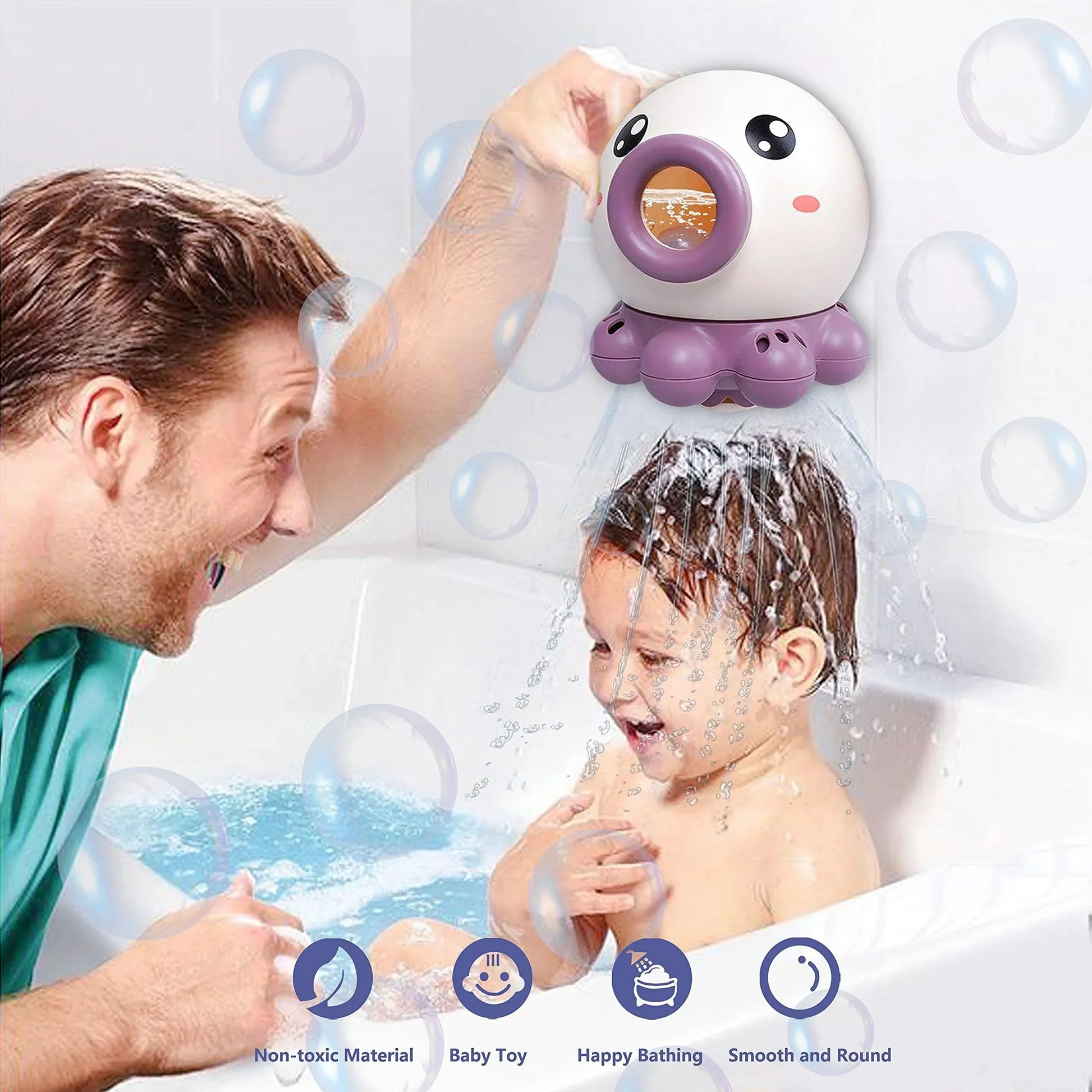 Father bathing child in tub with cute purple octopus-shaped bath toy shower, playful setting