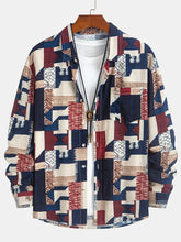 Men’s long sleeve shirt with geometric patchwork pattern in navy, beige, and burgundy, relaxed fit
