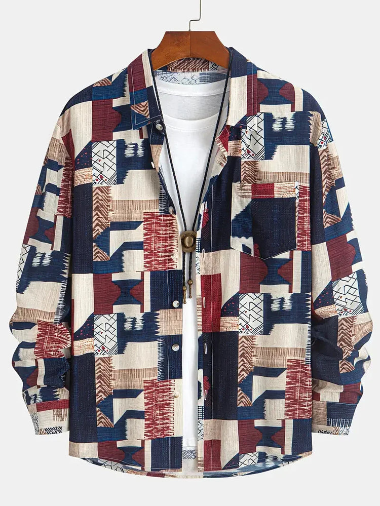 Men’s long sleeve shirt with geometric patchwork pattern in navy, beige, and burgundy, relaxed fit
