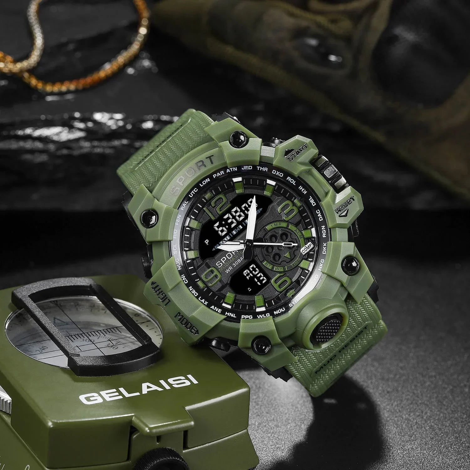 Green rugged sports watch with digital and analog display, durable strap, military style