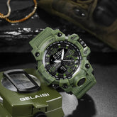 Green rugged sports watch with digital and analog display, durable strap, military style