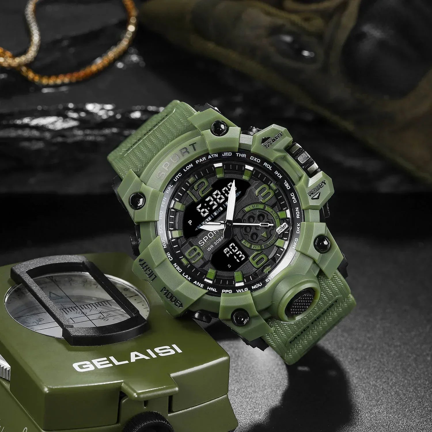 Green rugged sports watch with digital and analog display, durable strap, military style