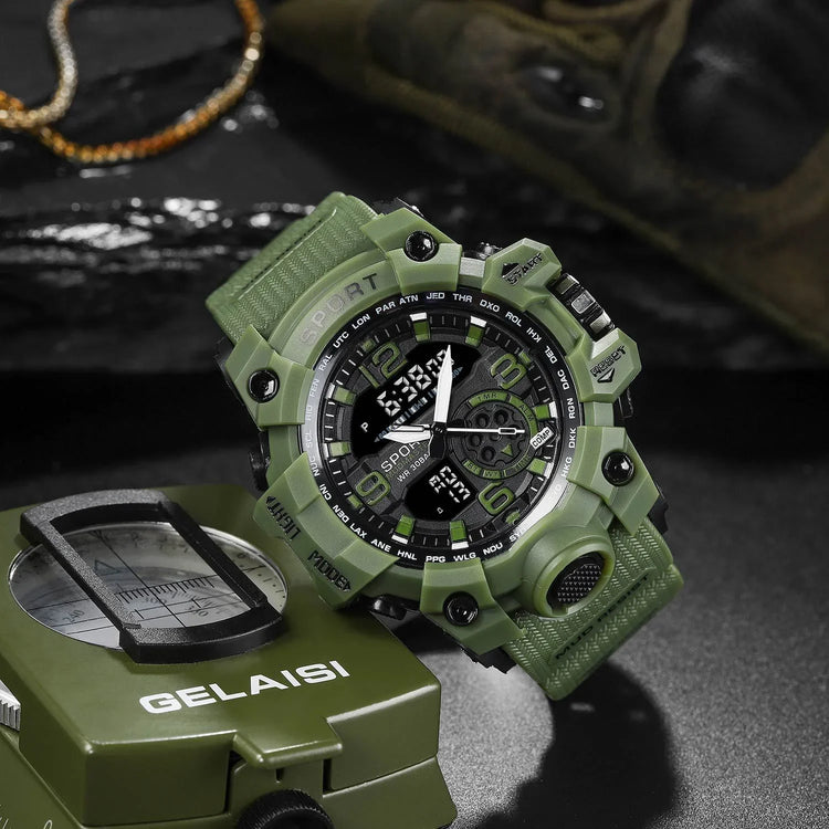 Green rugged sports watch with digital and analog display, durable strap, military style