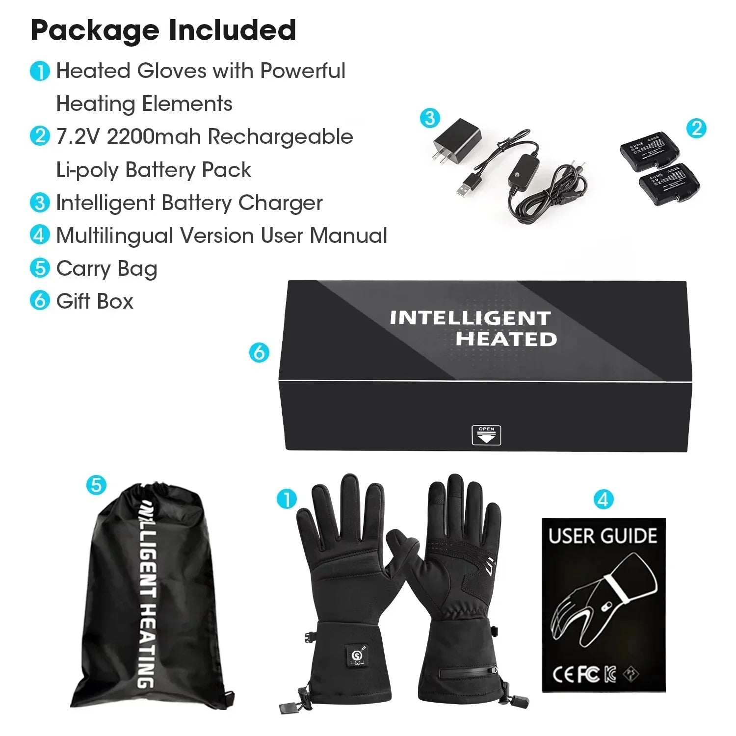 Black heated gloves with adjustable cuffs, synthetic material, battery pack, charger, carry bag, and user manual included in gift box.