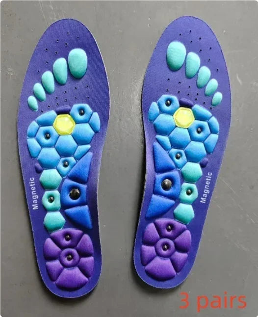 Colorful magnetic massage insoles with raised hexagonal cushioning, blue and purple, ergonomic fit.