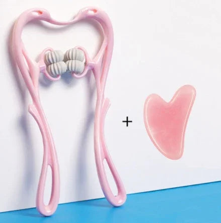 Pink handheld massage roller and heart-shaped gua sha tool on blue background