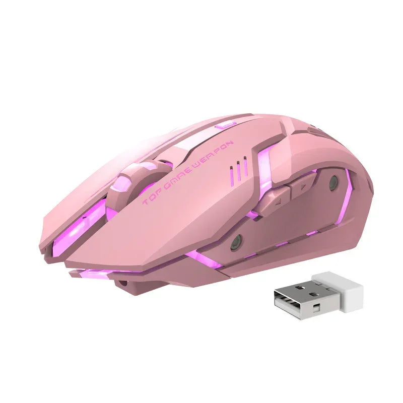 Pink wireless gaming mouse with LED lights and USB receiver, sleek ergonomic design