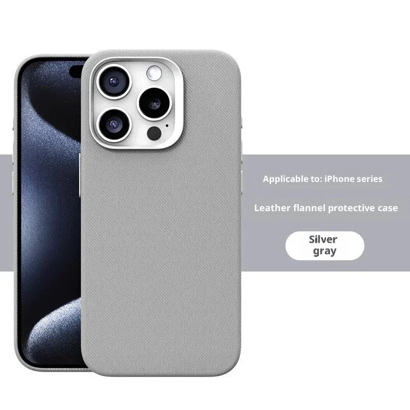 Silver gray leather flannel iPhone case with textured finish, slim and protective fit.