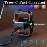 Metal phone holder with Type-C fast charging cable connected, modern desktop setting.