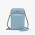 Light blue faux leather crossbody bag with gold zippers and adjustable strap, compact fit