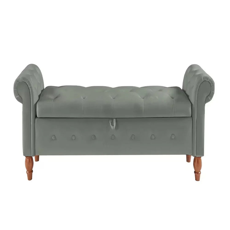 Gray velvet tufted bench with rolled arms and wooden legs