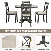 Dining set with round wooden table and four linen-upholstered chairs with curved backs