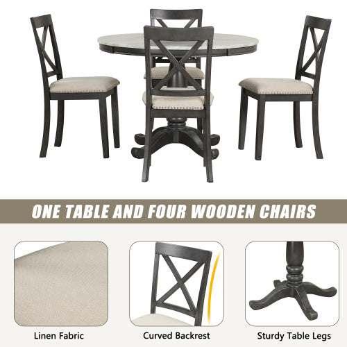 Dining set with round wooden table and four linen-upholstered chairs with curved backs