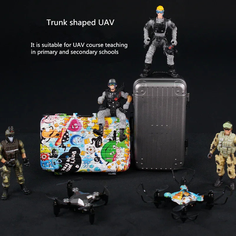 Combat-style action figures with two mini drones and colorful trunk-shaped cases on black background.