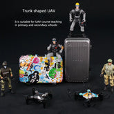Combat-style action figures with two mini drones and colorful trunk-shaped cases on black background.