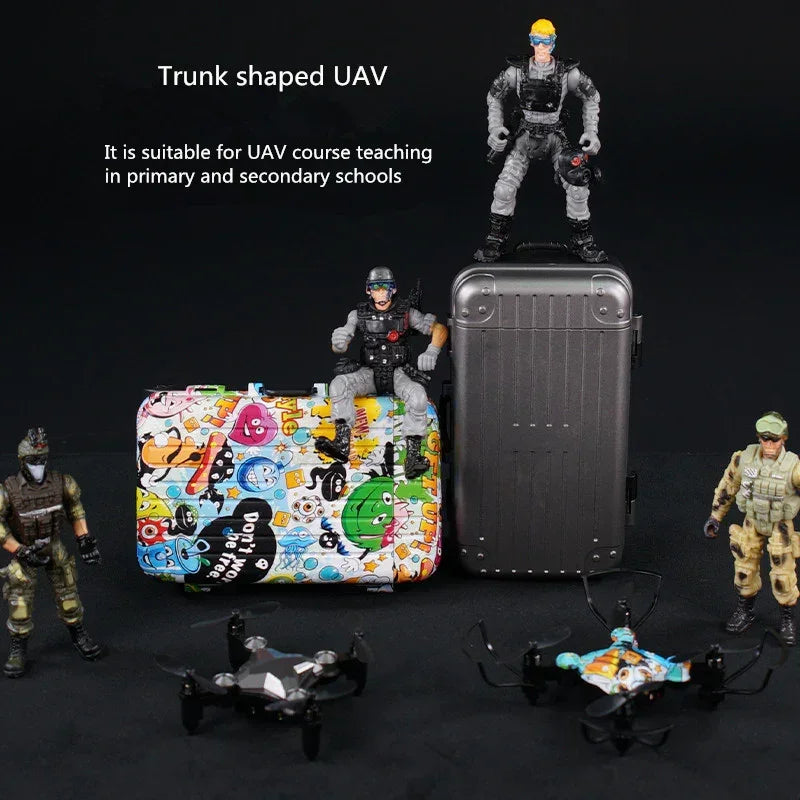 Combat-style action figures with two mini drones and colorful trunk-shaped cases on black background.