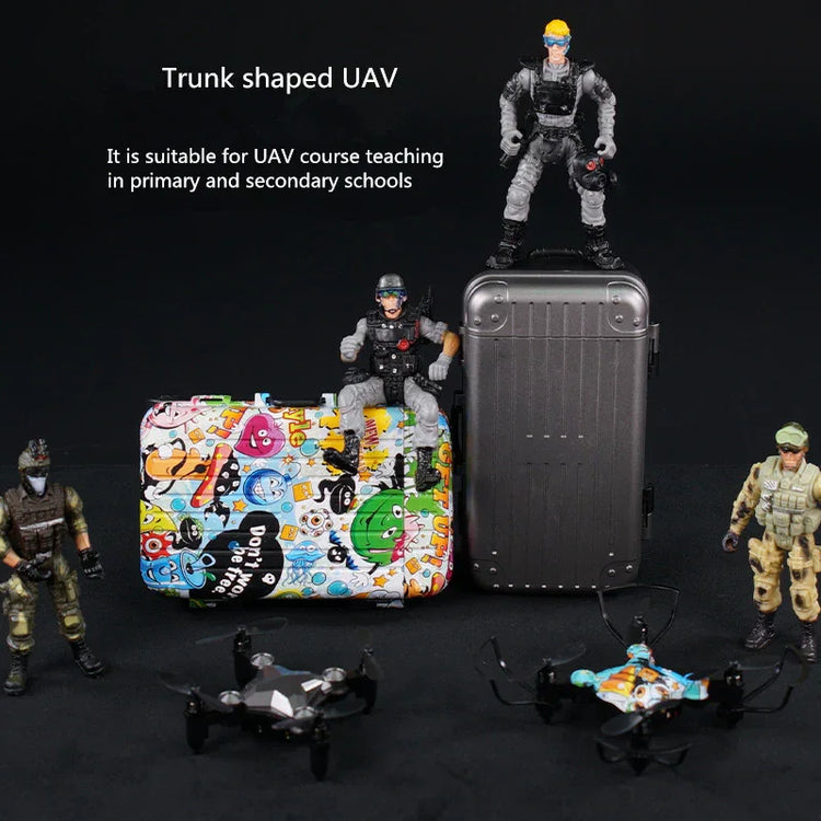 Combat-style action figures with two mini drones and colorful trunk-shaped cases on black background.