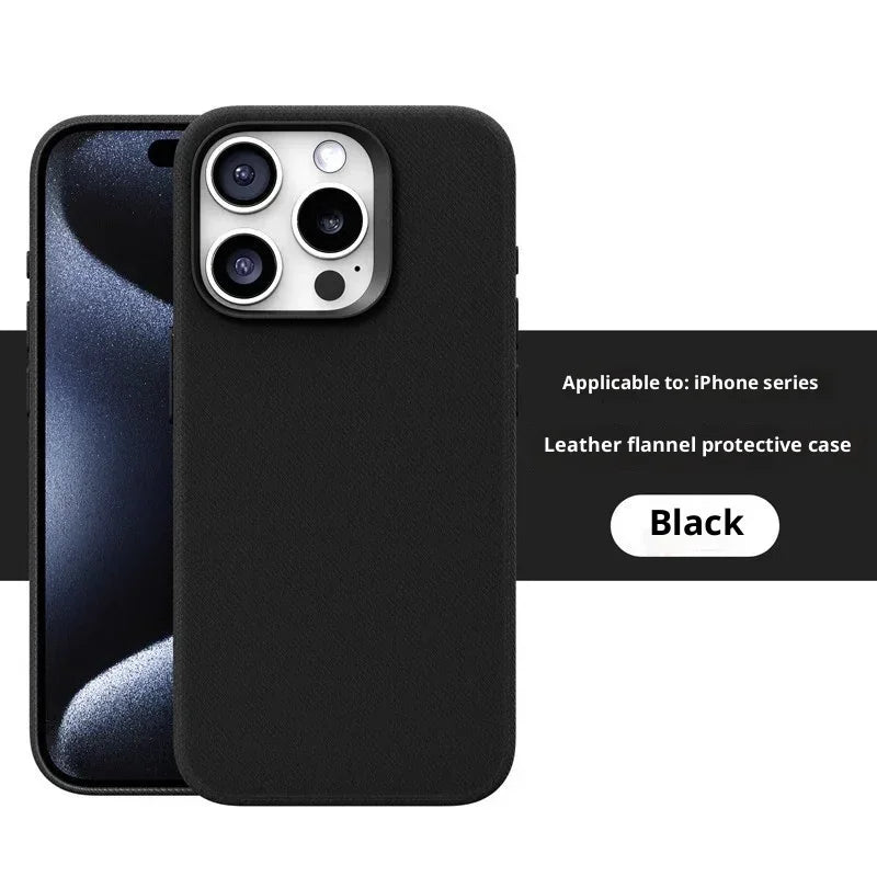 Black leather flannel phone case for iPhone series, slim fit, modern protective cover