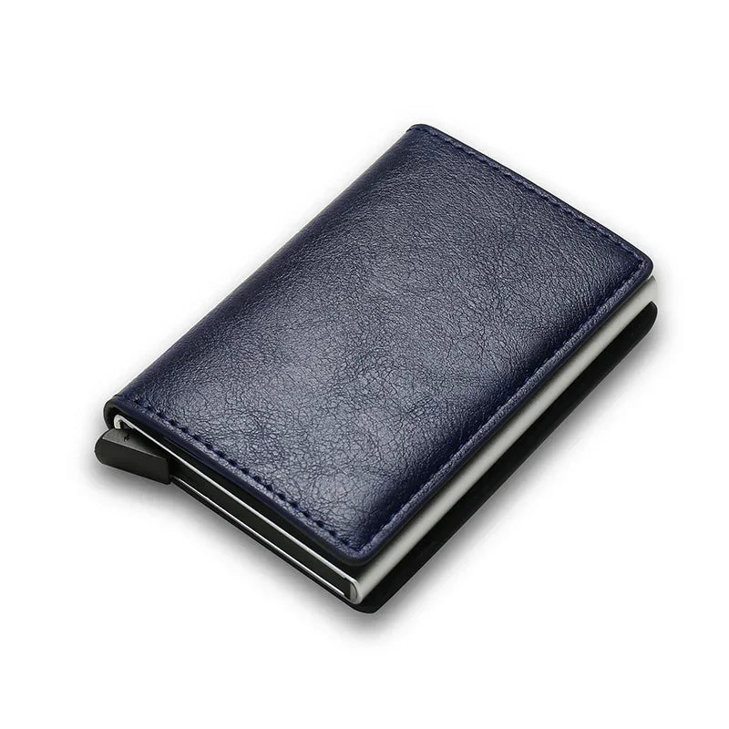 Slim navy blue leather wallet with minimalist design and card holder feature.
