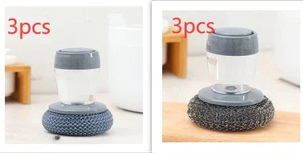 Set of 3 dish scrubbers with soap dispenser, gray plastic and metal mesh, kitchen countertop