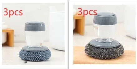 Set of 3 dish scrubbers with soap dispenser, gray plastic and metal mesh, kitchen countertop