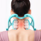 Woman in mauve scoop neck top using aqua blue manual neck massager with textured rollers