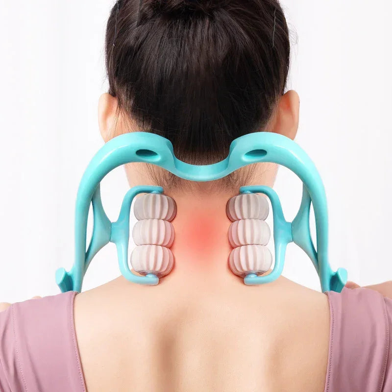 Woman in mauve scoop neck top using aqua blue manual neck massager with textured rollers