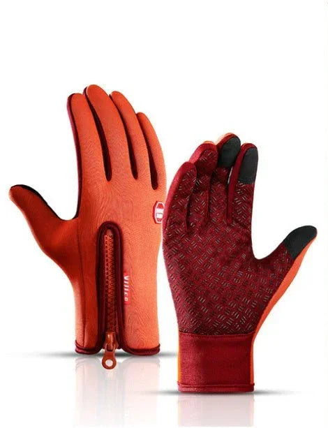Red insulated gloves with zipper closure, textured grip palms, and slim fit design